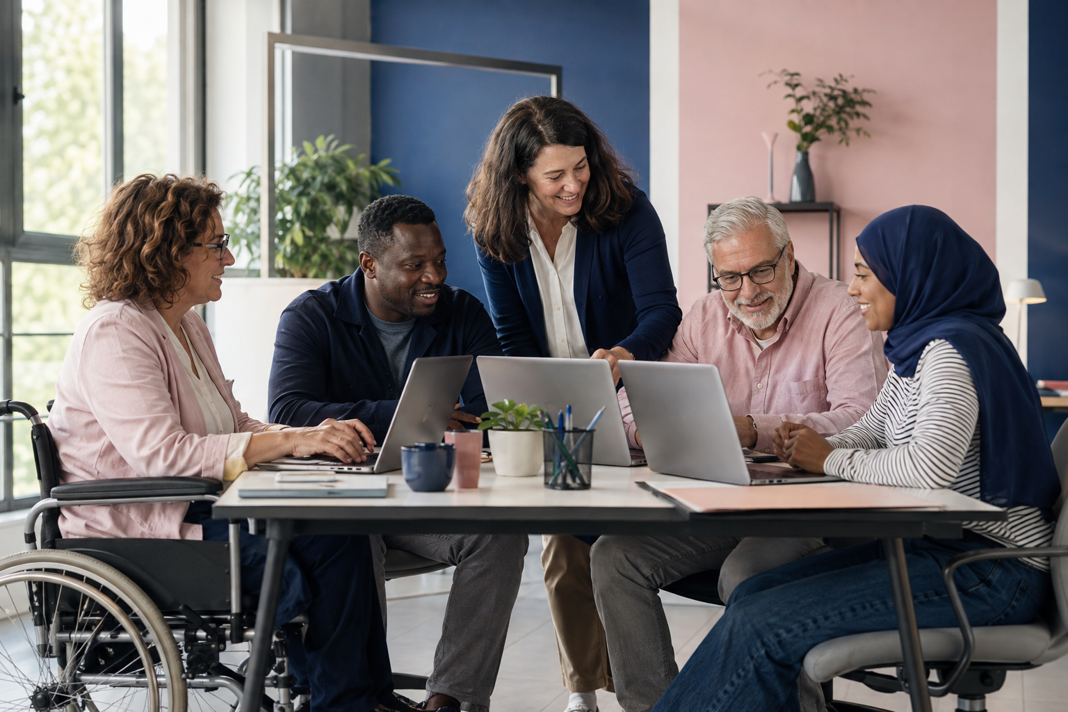 Une formatrice accompagne un groupe de professionnels lors d’un atelier pratique