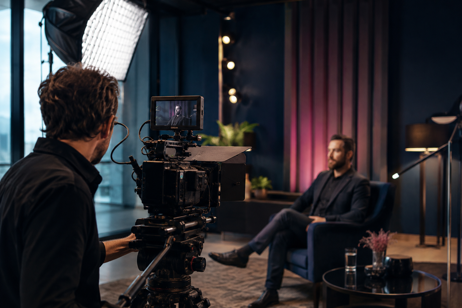 Tournage vidéo professionnel avec caméra et éclairage de studio